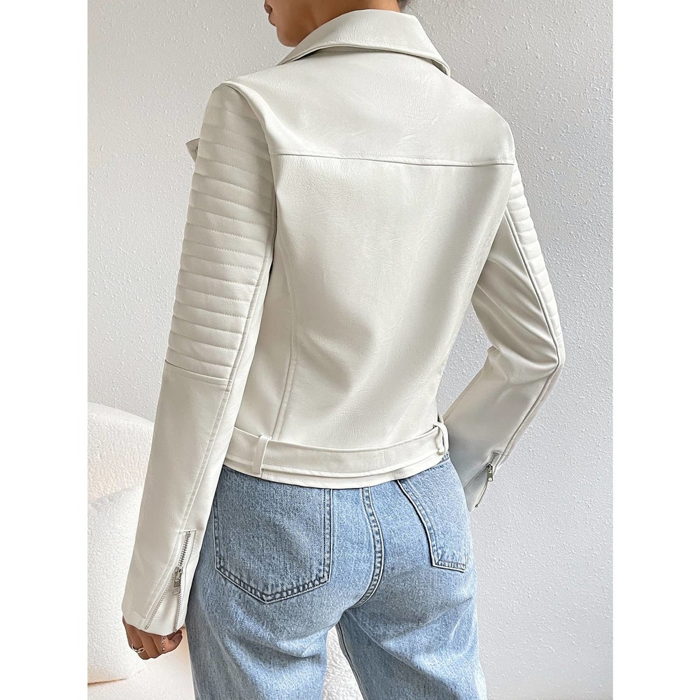 Lapel Collar Belted Zip Up vegan leather Moto Jacket white - Picture 3 of 11